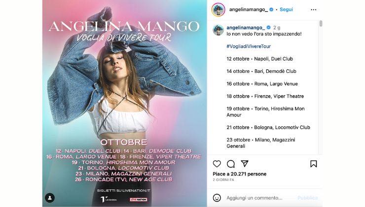 angelina mango annuncia il tour