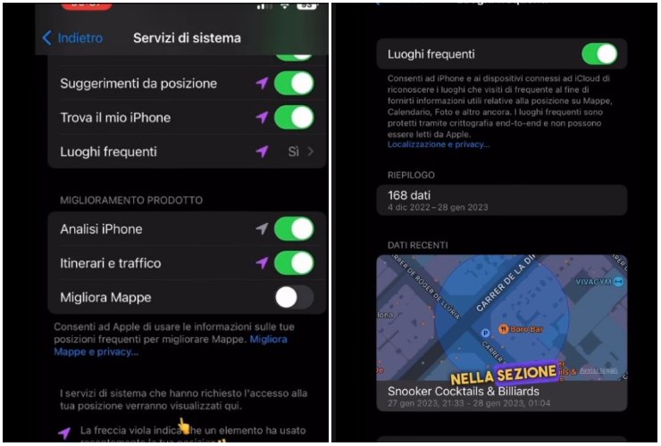 Screen video impostazioni 'luoghi frequenti' (credit_ Luigitips Tik Tok)