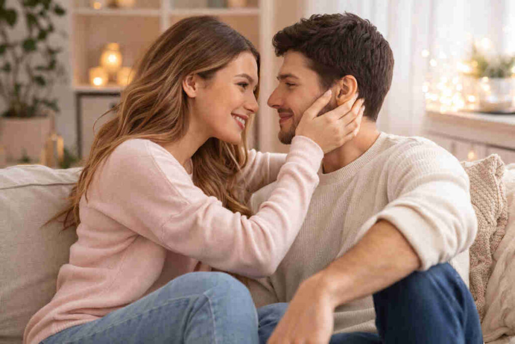 Coppia che amoreggia seduta sul divano