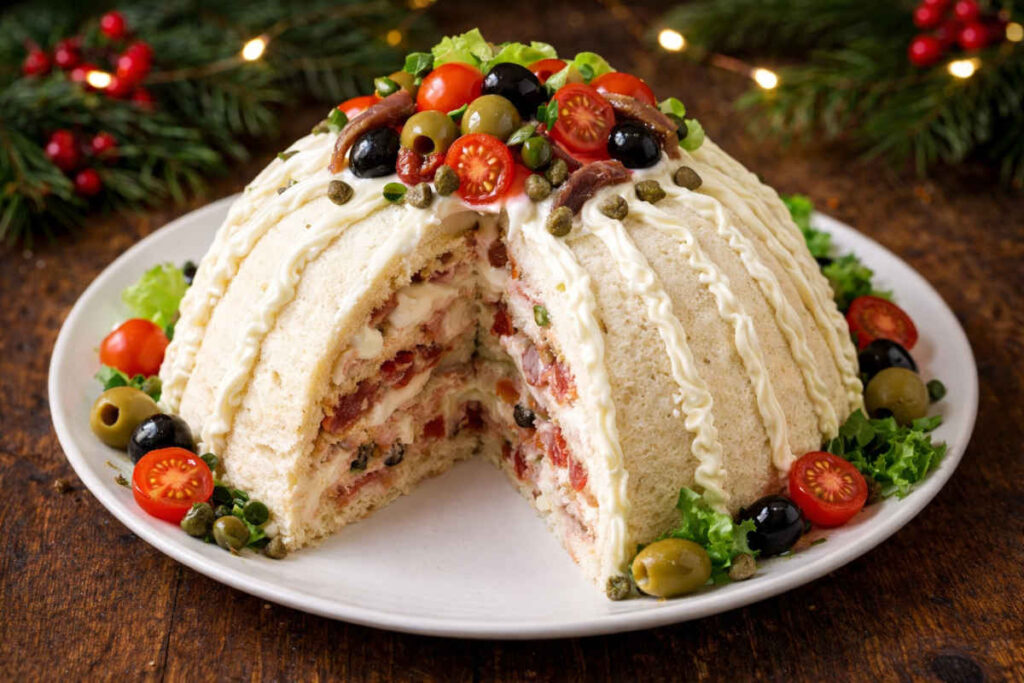 Zuccotto salato appoggiato su tavolo con sfondo natalizio