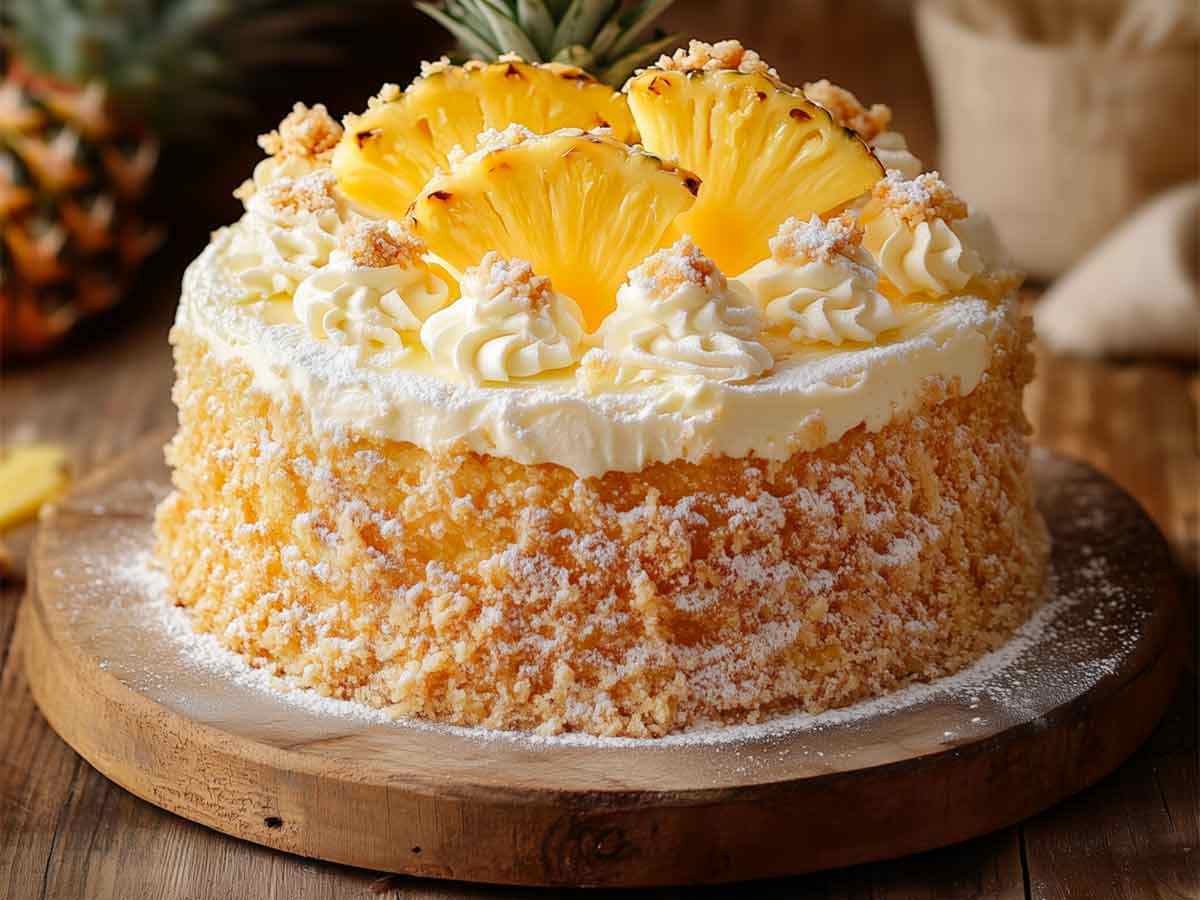 torta mimosa all'ananas su tagliere in legno