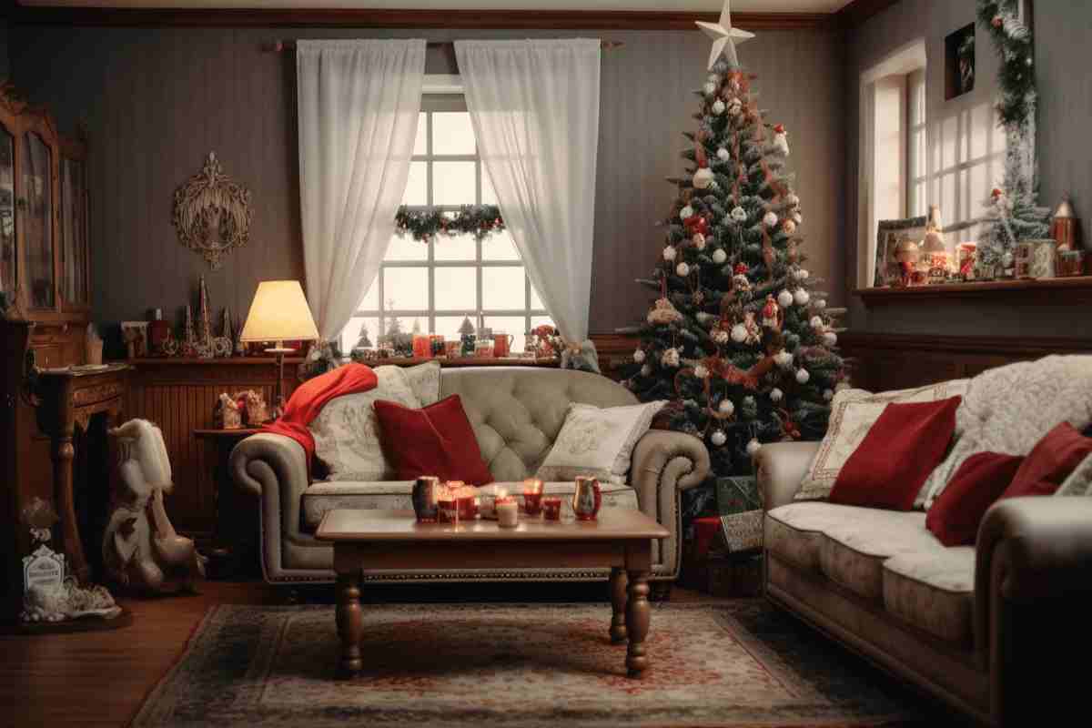 soggiorno con decorazioni di Natale