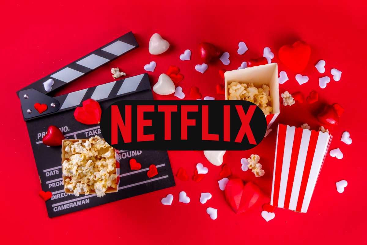 logo netflix, ciak, cuori e pop corn come simbolo dei film romantici da guardare in streaming