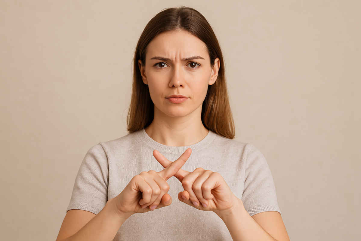 Primo piano di una ragazza mora che dice no con le dita generata con IA