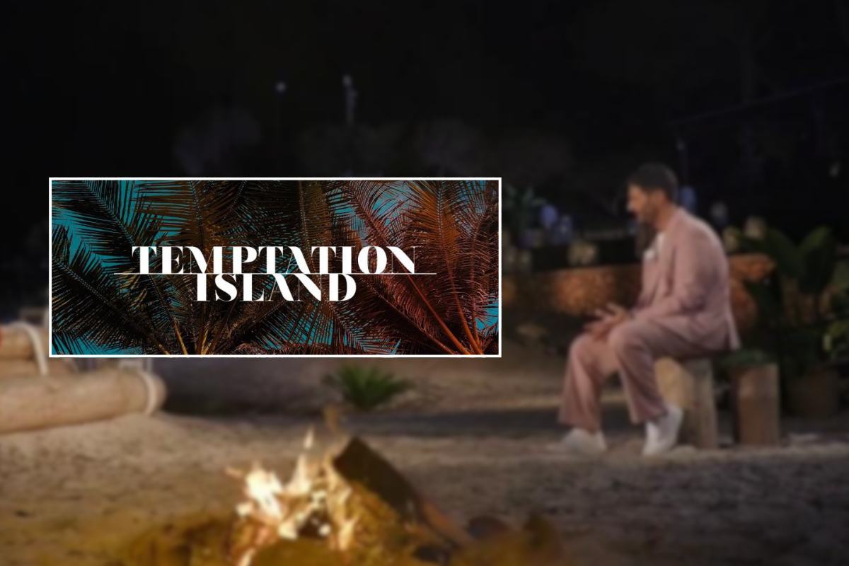 Logo Temptation Island e Filippo Bisciglia al falò