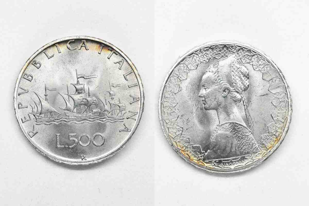 500 lire argento Caravelle fronte e retro