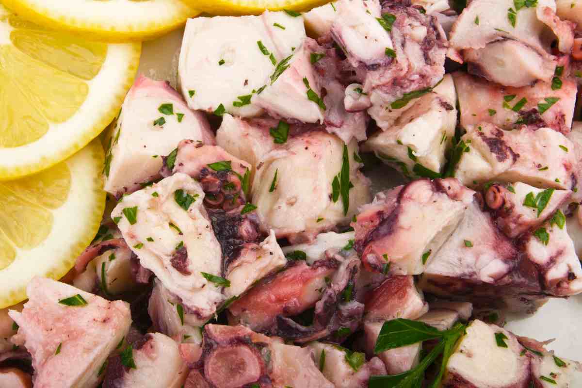 piatto con insalata di polpo vista da vicino