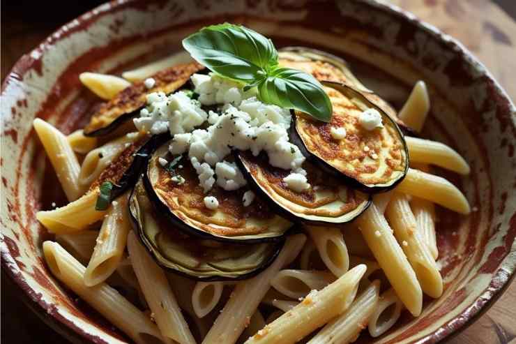 piatto con pasta alla Norma in bianco 