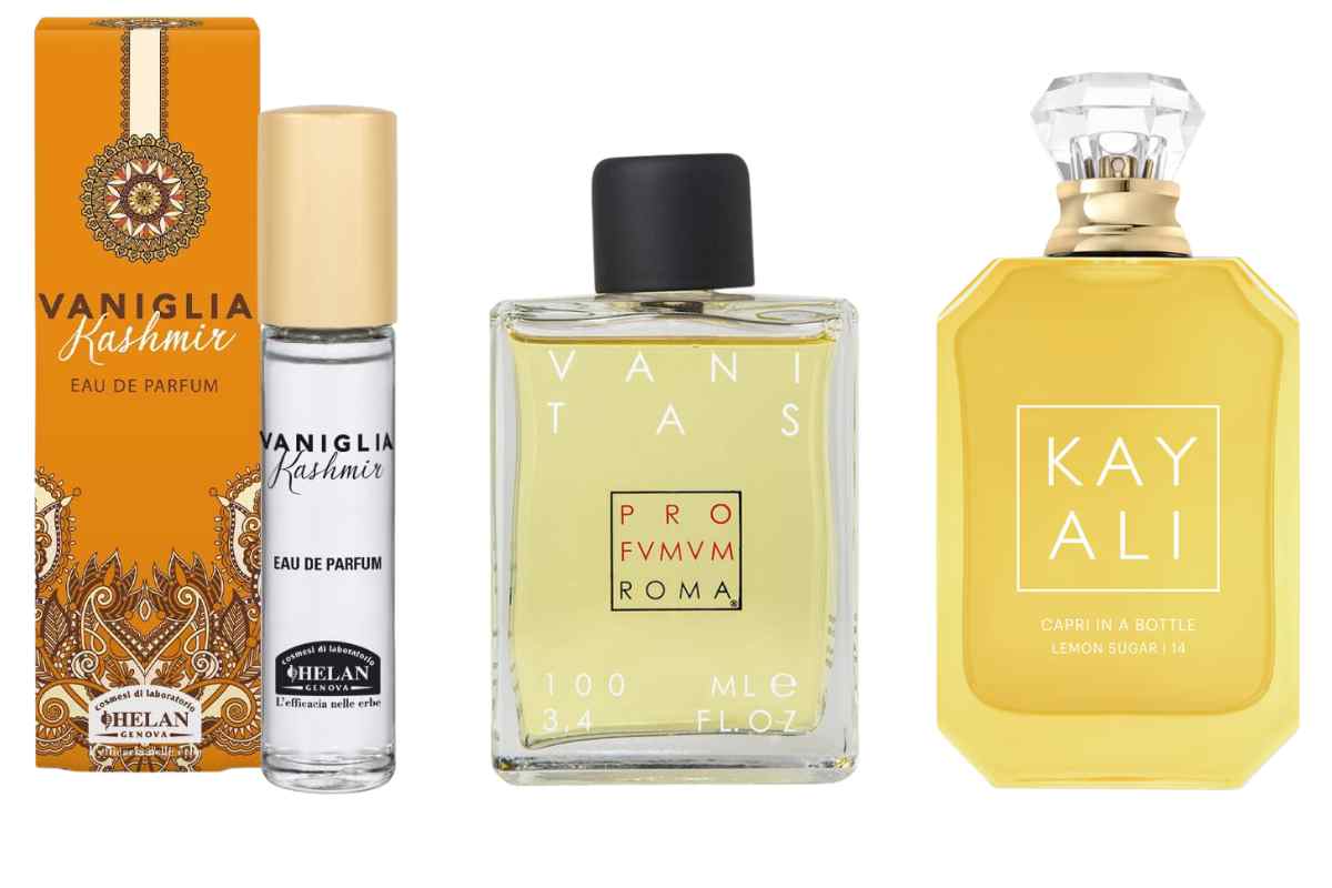 tre flaconi di profumi vanigliati di tendenza in estate