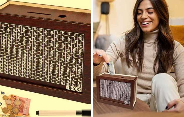 Salvadanaio di legno, donna con soldi