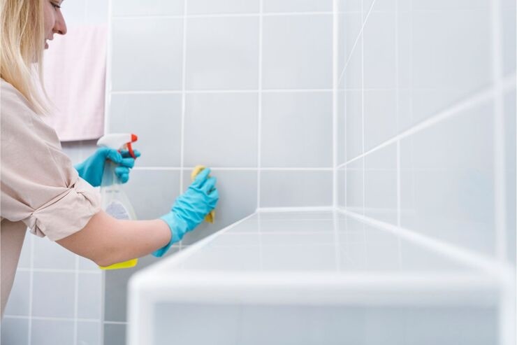 donna che pulisce piastrelle bagno