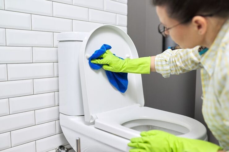Pulire WC con guanti verdi e panno in microfibra blu
