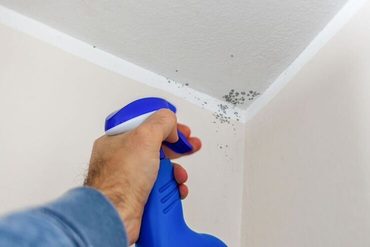 Mano con prodotto spray contro muffa sulla parete 