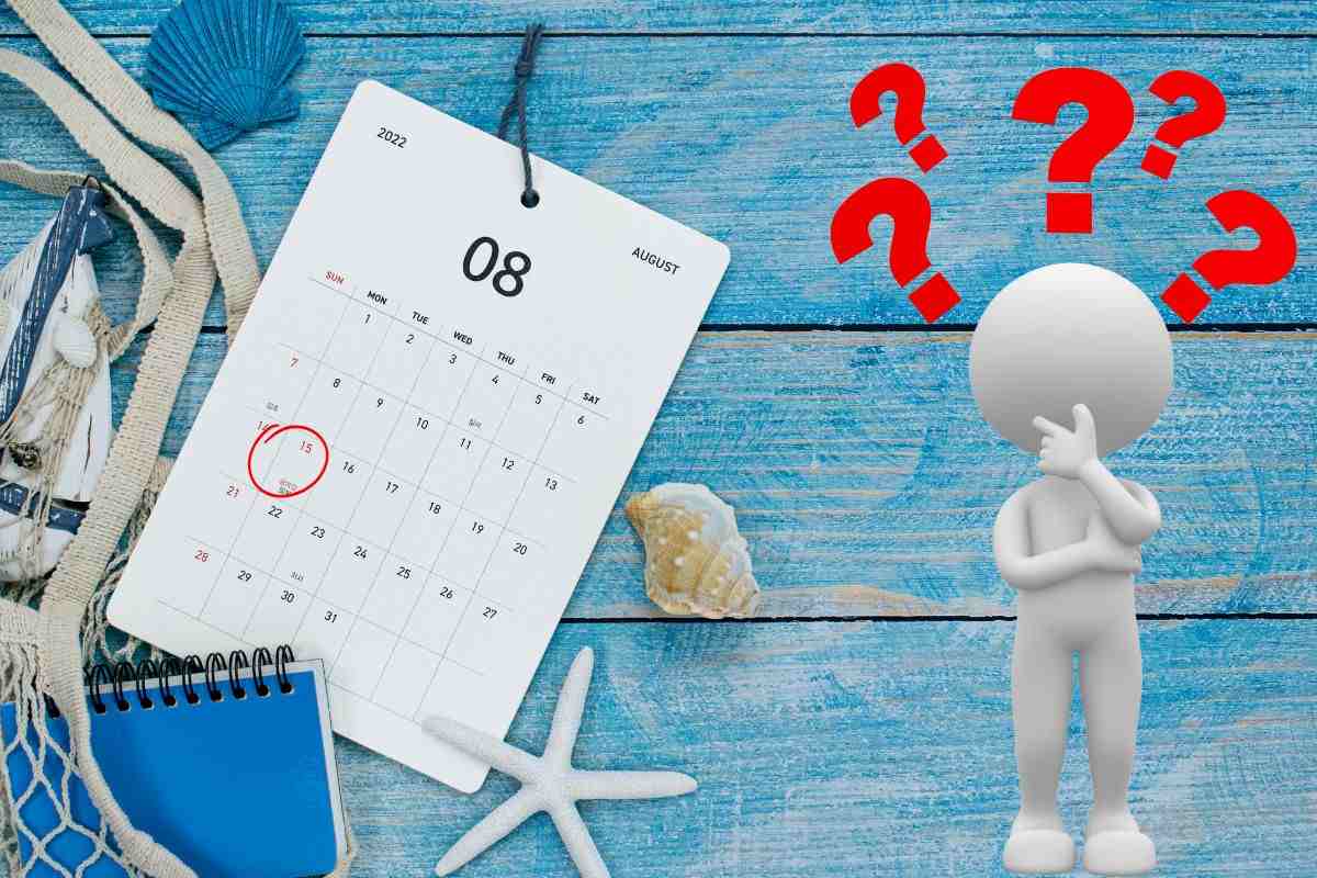 Calendario cerchio rosso sul 15 agosto e omino con punti interrogativi