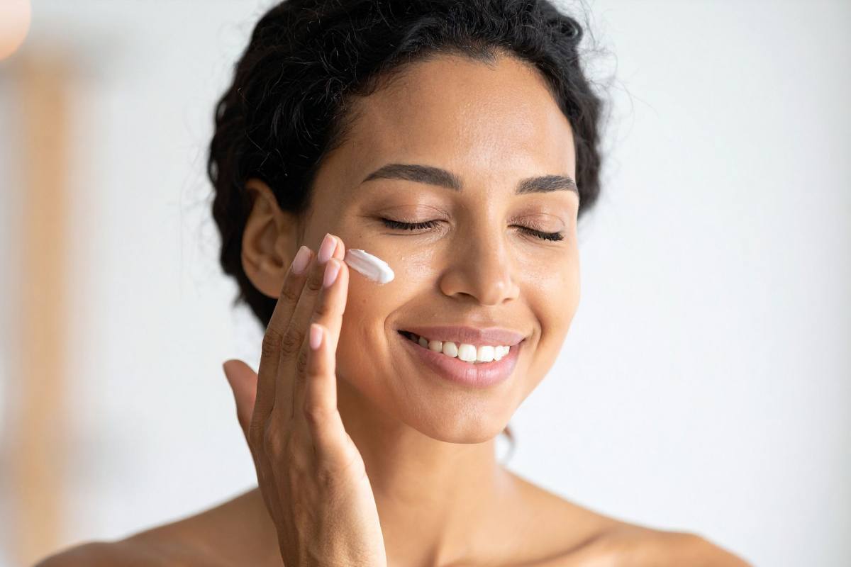 Donna che applica crema al viso
