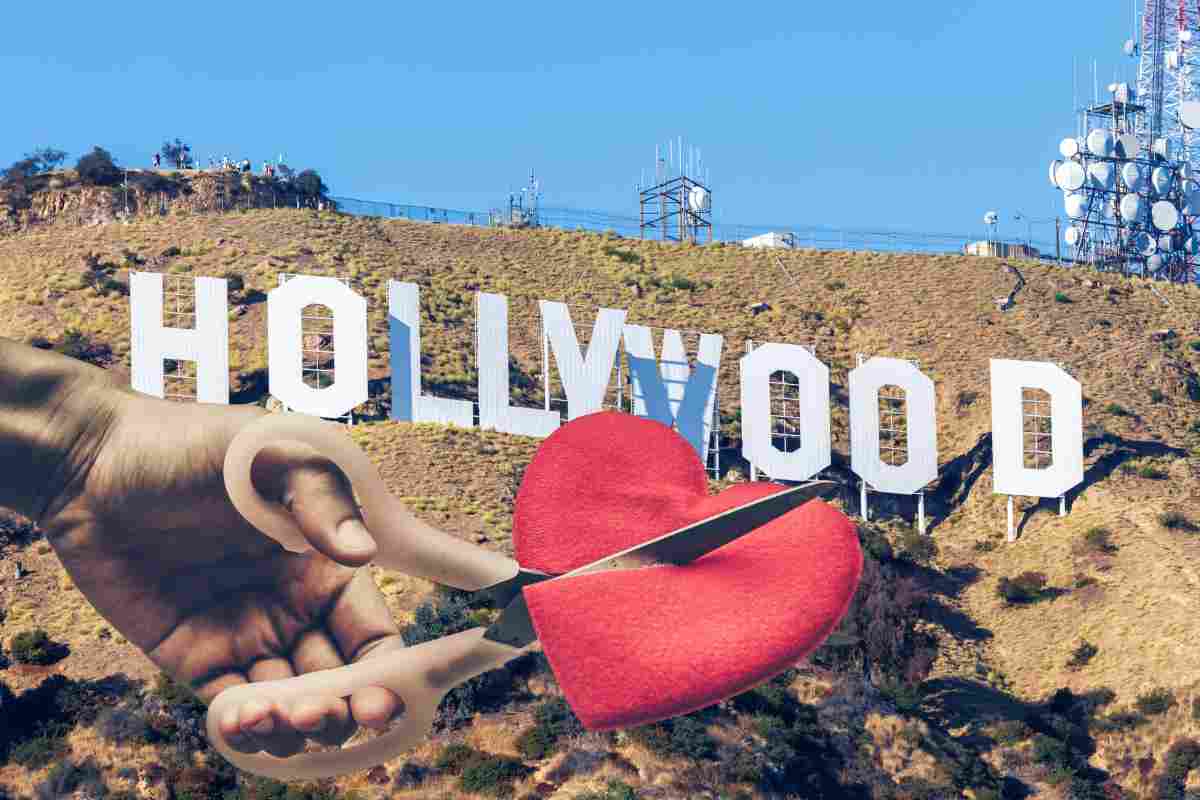 La scritta Hollywood e forbici che tagliano un cuore