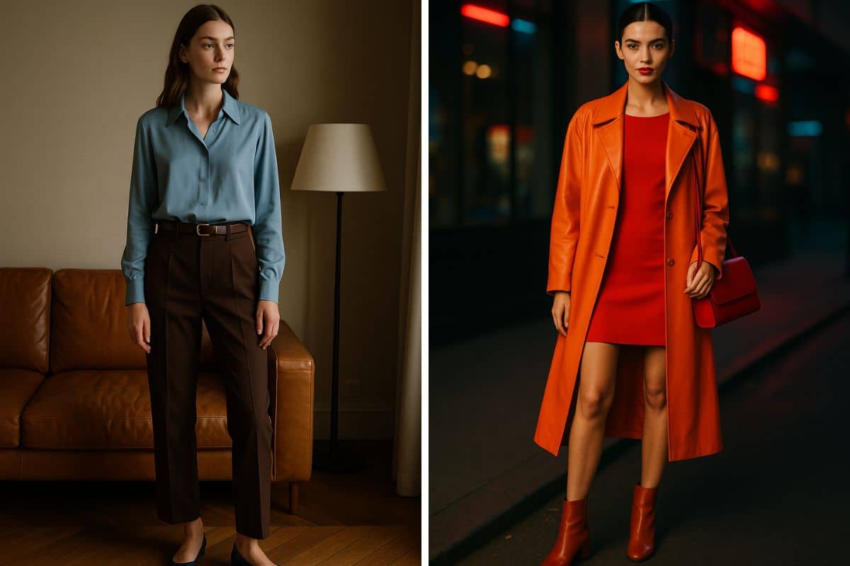 Outfit azzurro e marrone e rosso e arancio