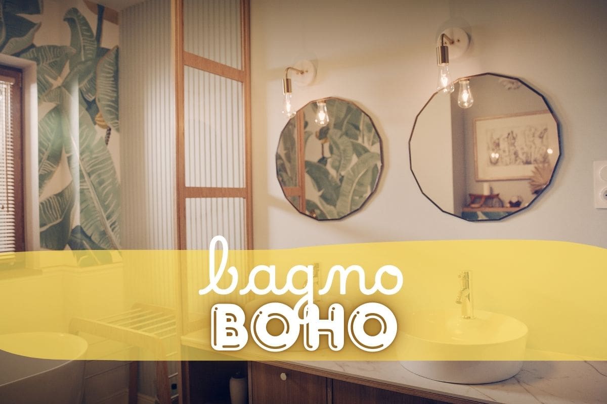 Bagno boho come sfondo e scritte in primo
