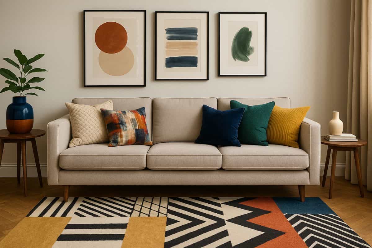 Soggiorno con tappeto geometrico e cuscini colorati