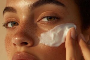 viso ragazza con detergente