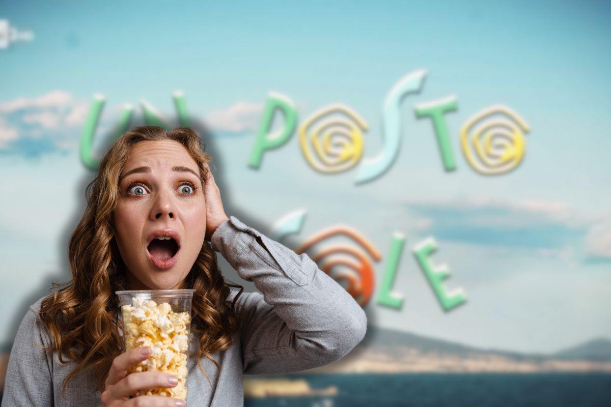 logo un posto al sole e donna sconvolta con pop corn in mano