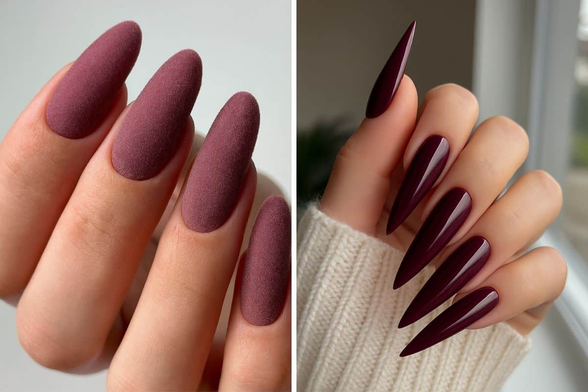 unghie color prugna stiletto