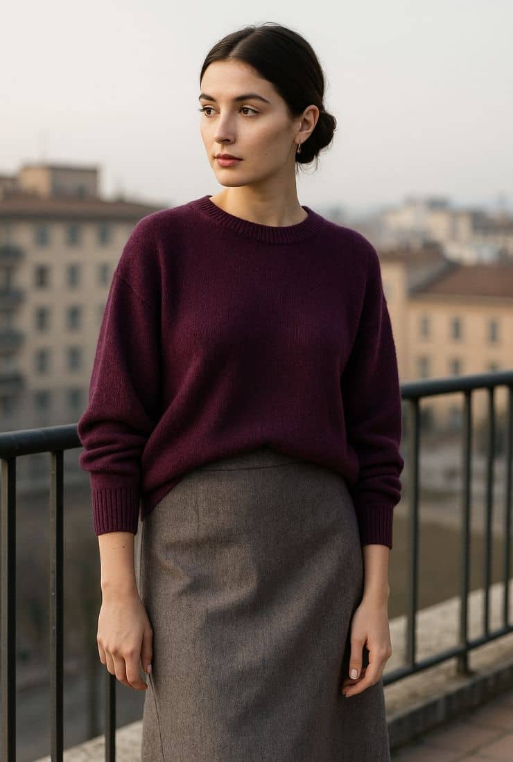 Donna con maglione color prugna