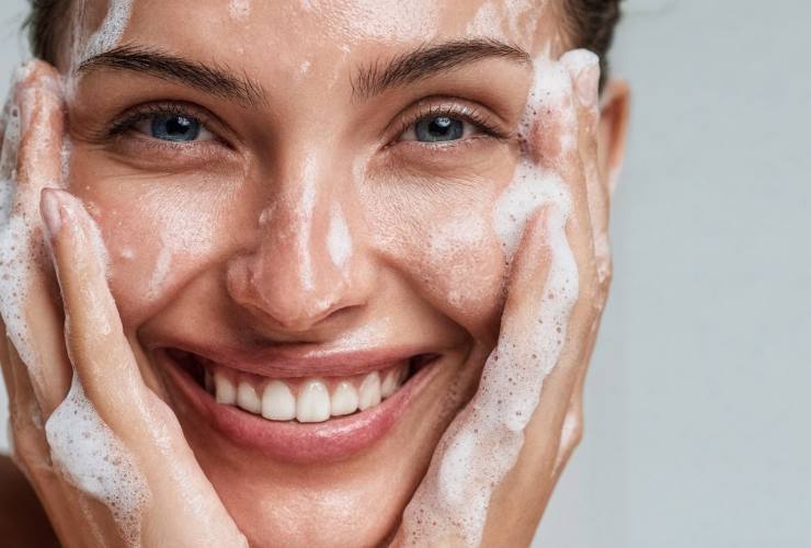 Donna che deterge il viso