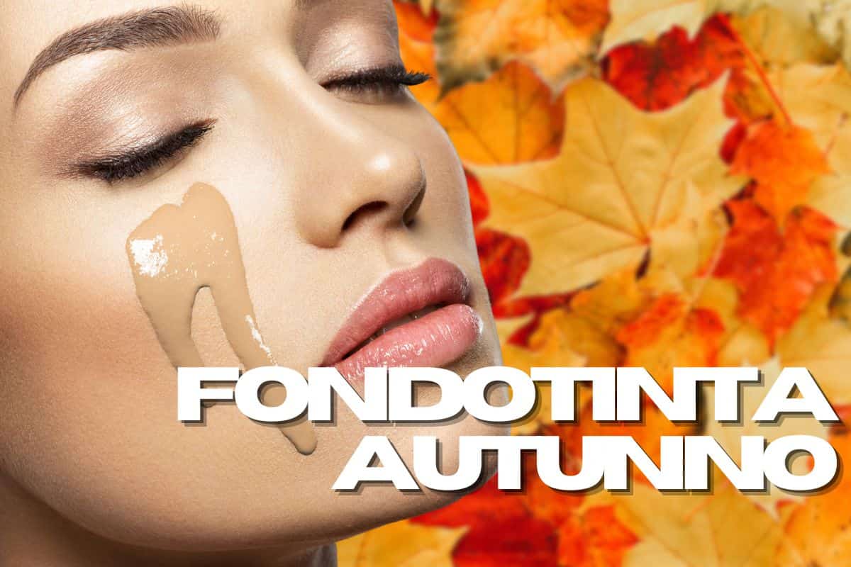 Viso di donna con fondotinta e foglie autunnali