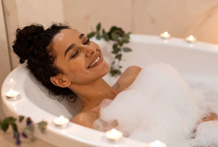 Donna che fa il bagno la sera