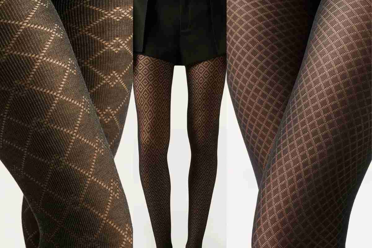 primo piano delle gambe di tre modelle che indossano collant traforati