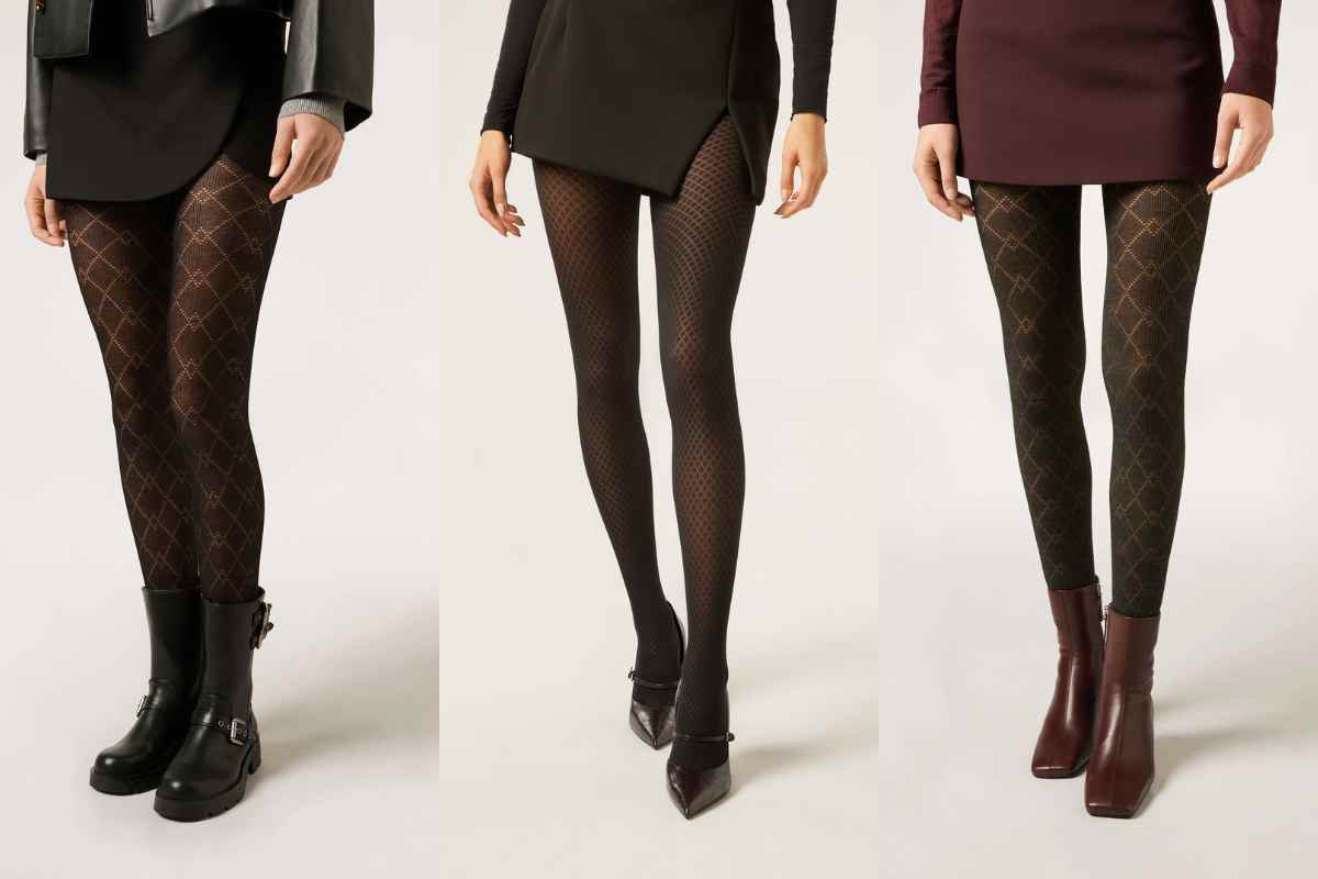 tre immagini con gambe vestite con collant traforati e scarpe diverse
