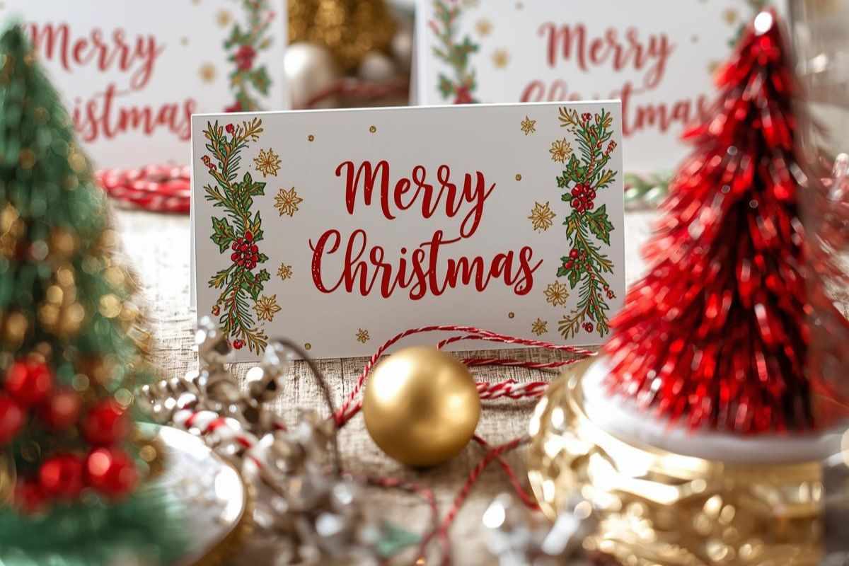 segnaposto di Natale con scritta e alberelli piccoli su un tavolo