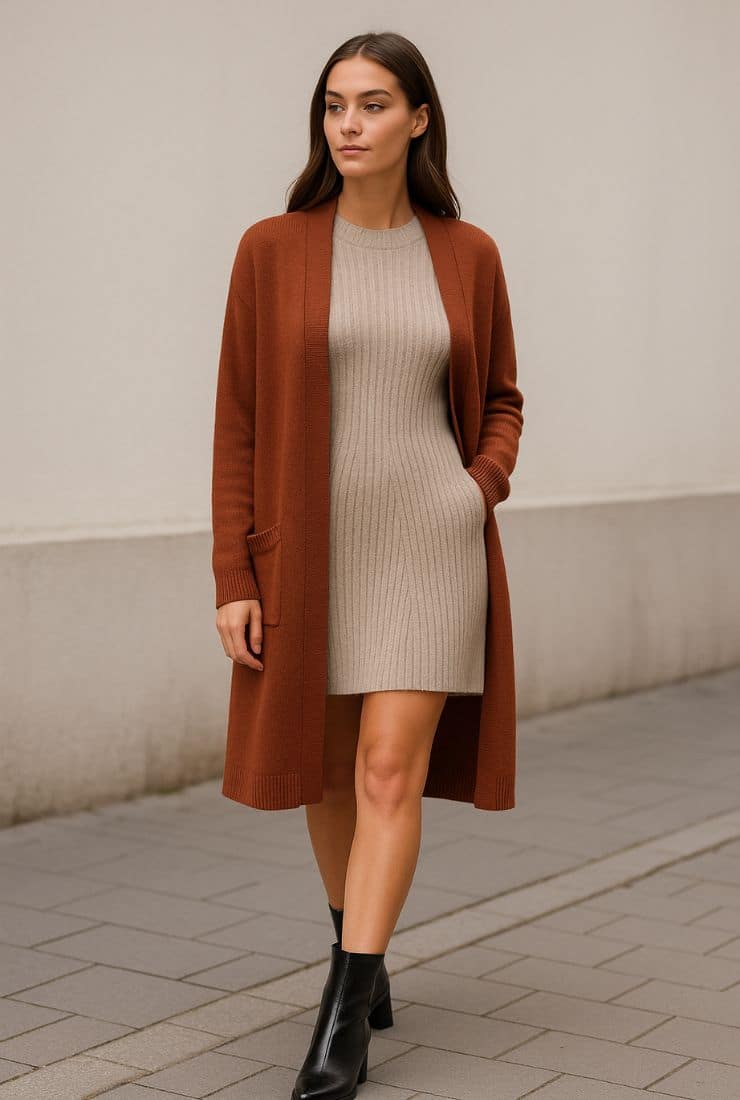 donna con cardigan e abito beige
