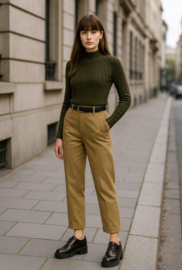 Donna con maglia verde e pantaloni chiari