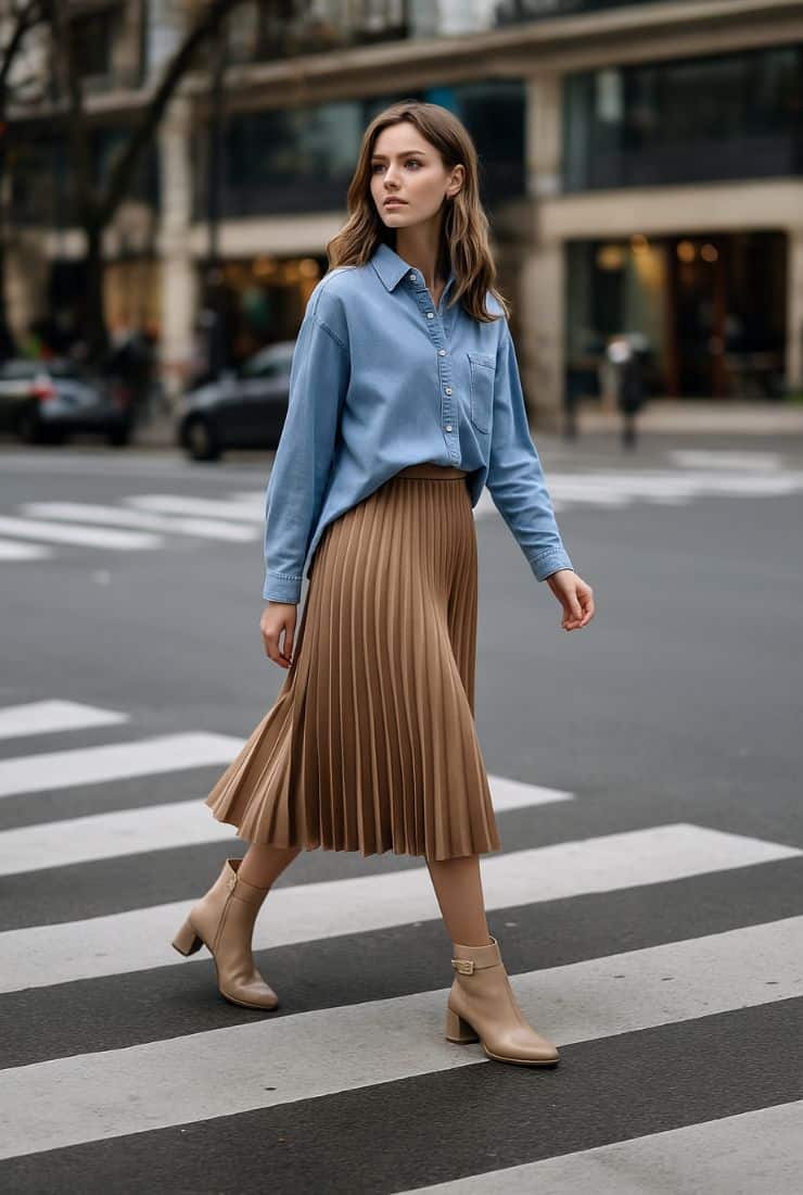 Outfit con camicia azzurra, gonna plissé e stivaletti