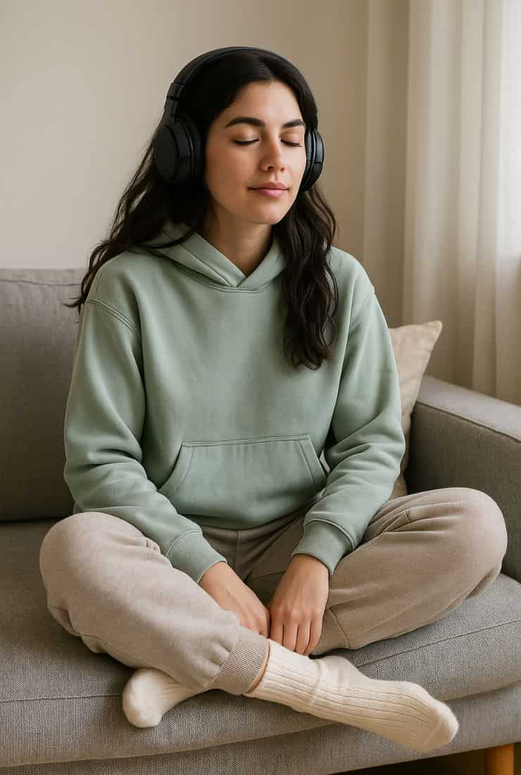 Donna con felpa, pantaloni e calzini sul divano