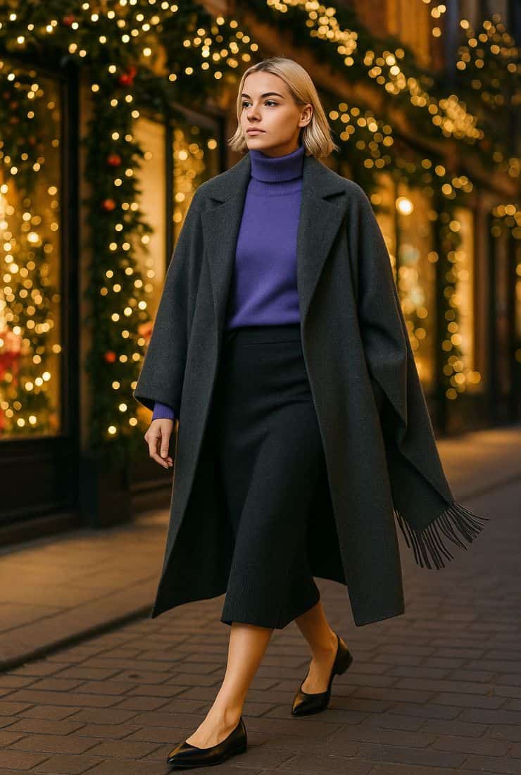 Donna con cappotto, dolce vita e gonna nera