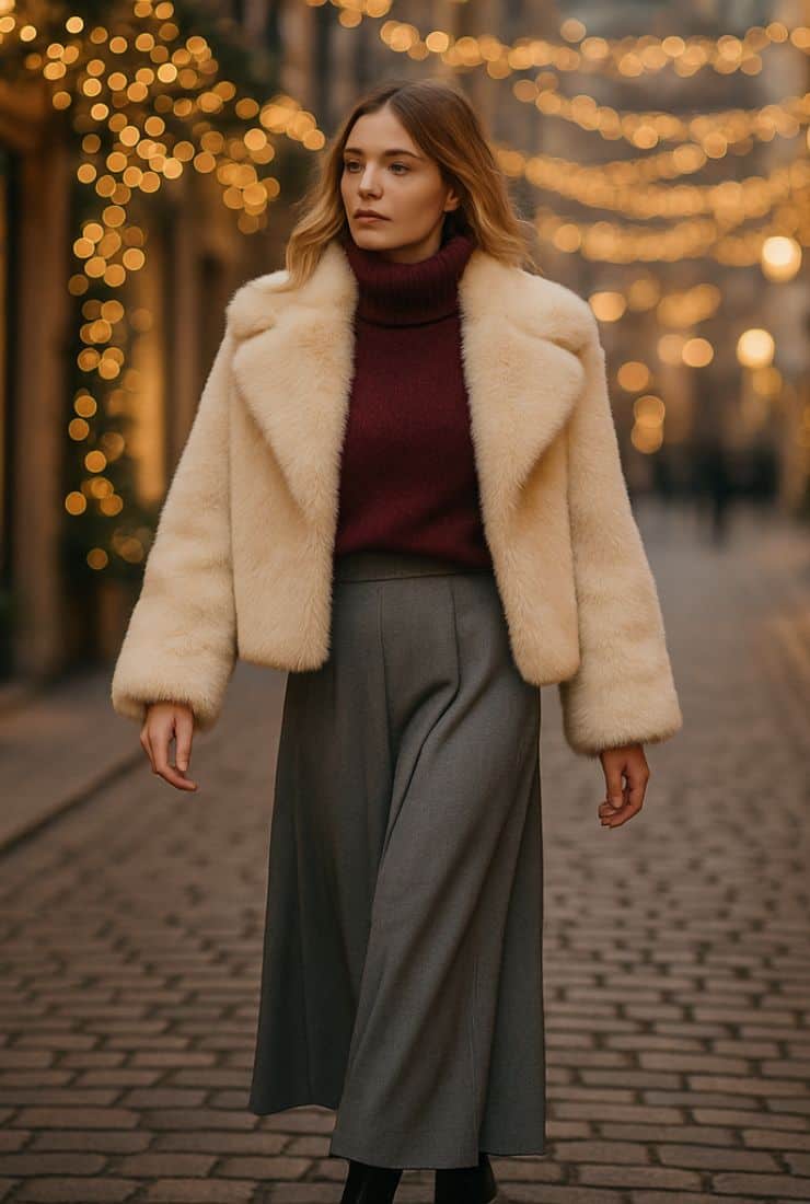 Donna con pelliccia, maglia prugna e gonna pantalone