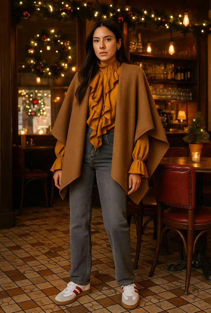 Donna con mantella, camicia e jeans