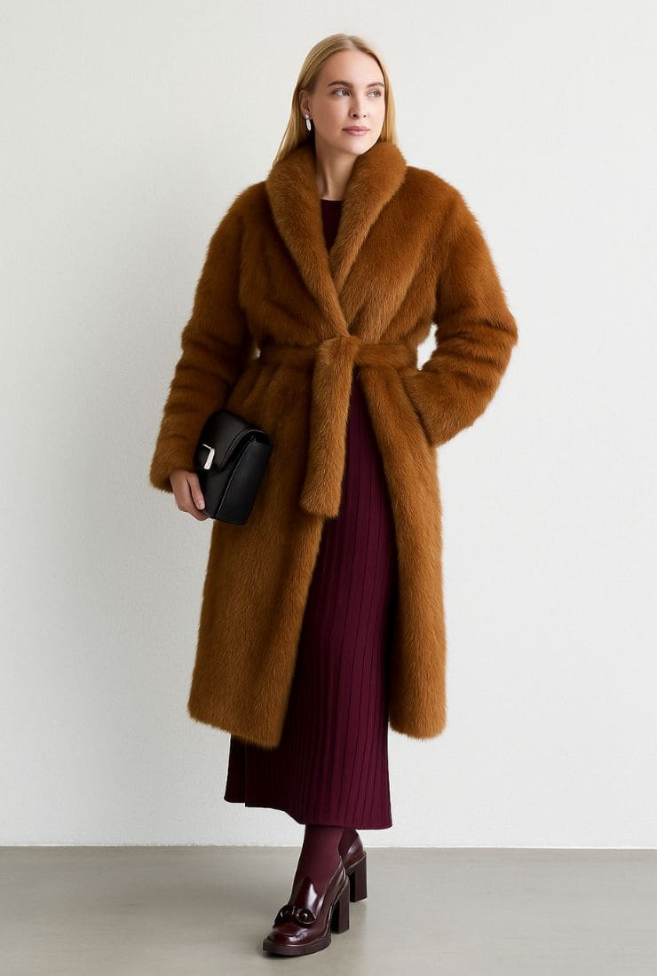 Donna con pelliccia e abito lungo