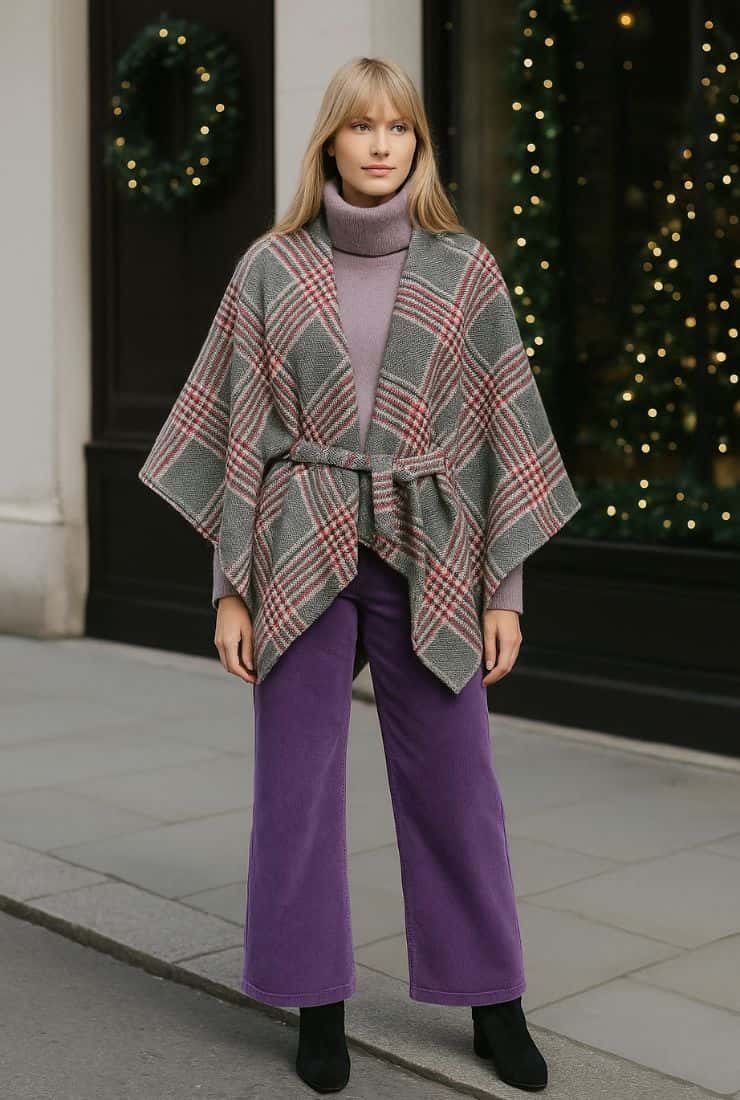 Donna con mantella tartan e pantaloni viola