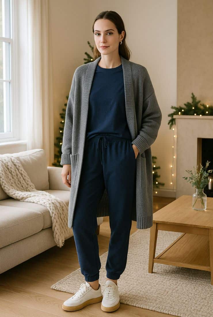 Donna con cardigan, t shirt e pantaloni blu
