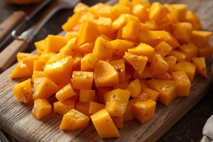 zucca tagliata a cubetti in un tagliere