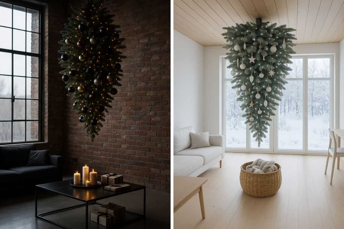 Albero di Natale capovolto in casa Industrial e in casa scandinava