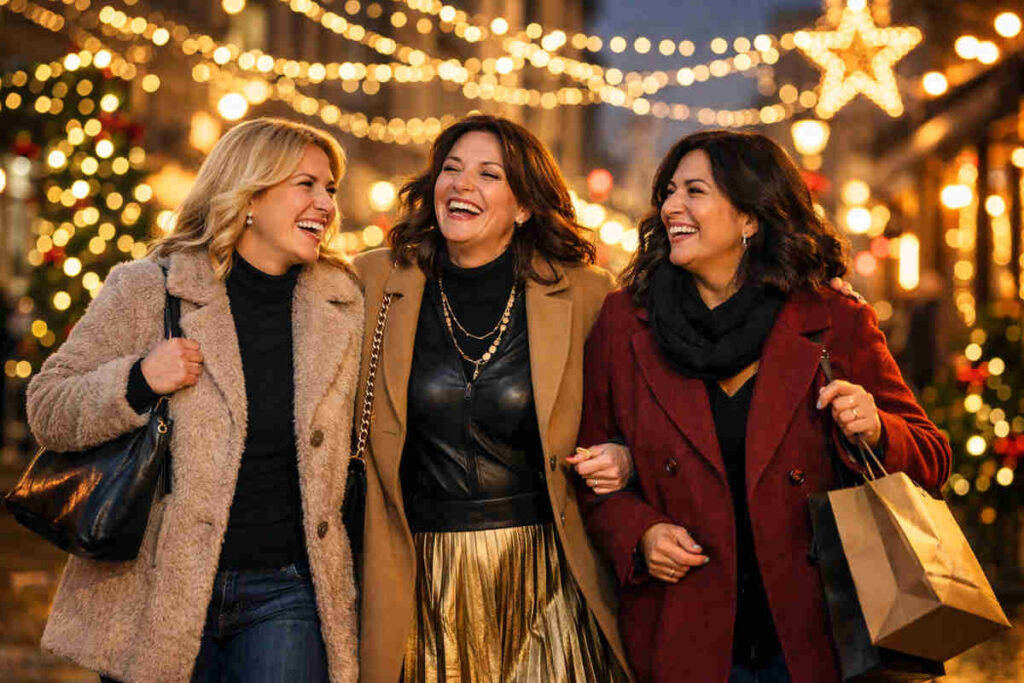 Donne sulla 50ina che passeggiano per le vie della città decorate a festa