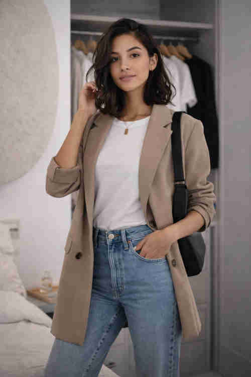 Ragazza che indossa dei capi semplici ben abbinati fra loro