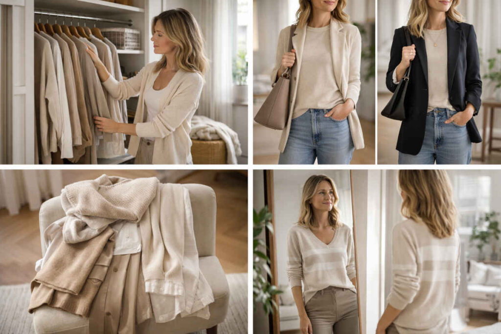 Donna che prova diverse combinazioni di outfit