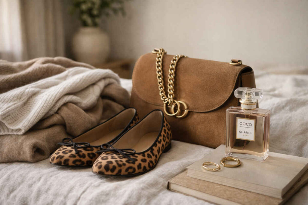 Accessori moda sui toni del beige e marrone appoggiati su di un letto