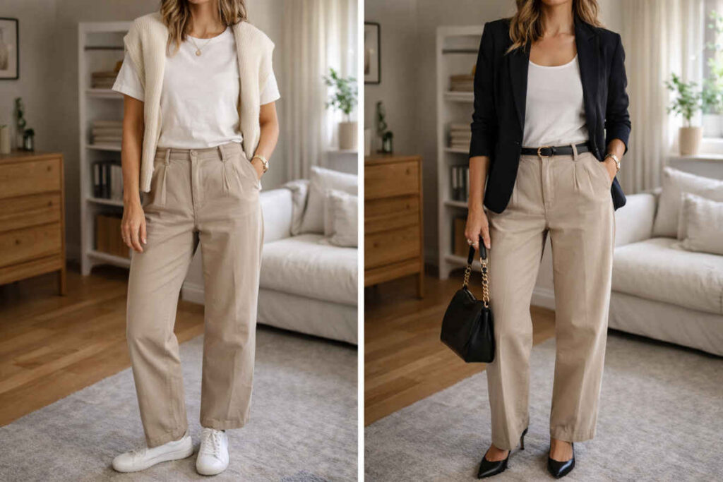 Donna che prova diverse combinazioni di outfit